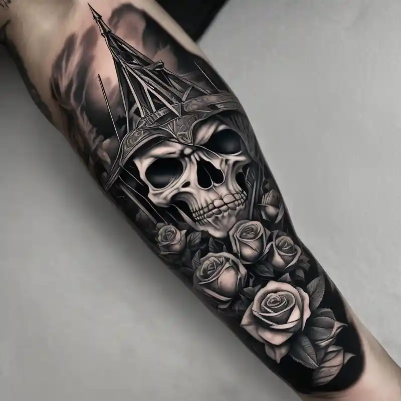 tattoo fool sleeve, old broken gothic home, broken sword, roses fishing tattoos – Blanco y negro, Colores vivos